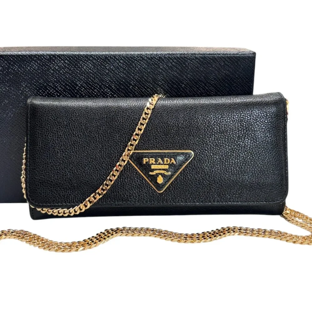 PRADA Black Grained Leather Wallet/Card Holder WIth Chain - Picture 3 of 9